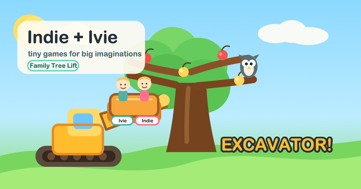Indie and Ivie riding an excavator bucket by a family tree.